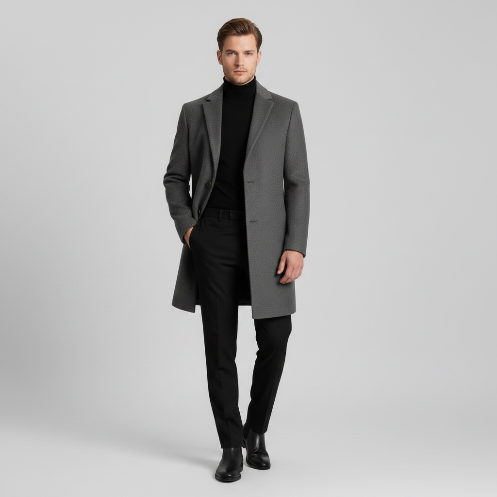 Men's Elegant Long Coat | Stylish Notched Lapel Overcoat