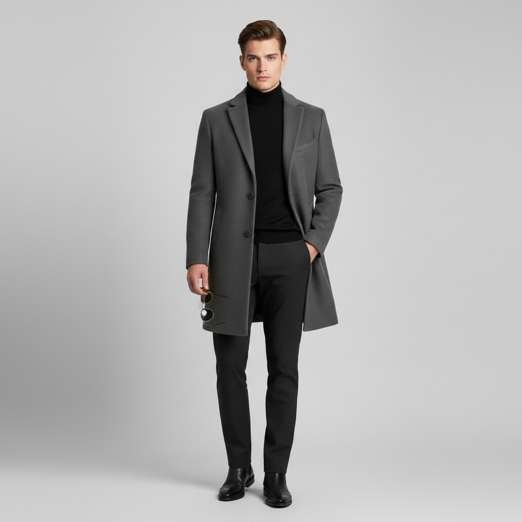Men's Elegant Long Coat | Stylish Notched Lapel Overcoat