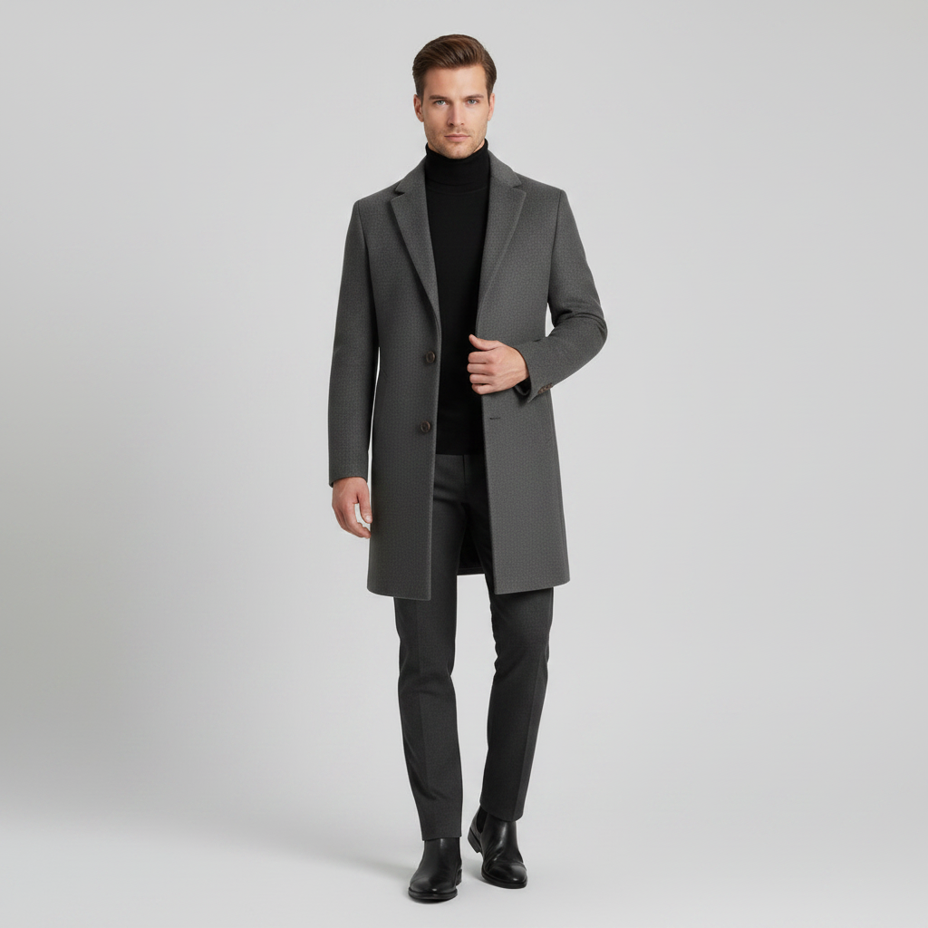 Men's Elegant Long Coat | Stylish Notched Lapel Overcoat