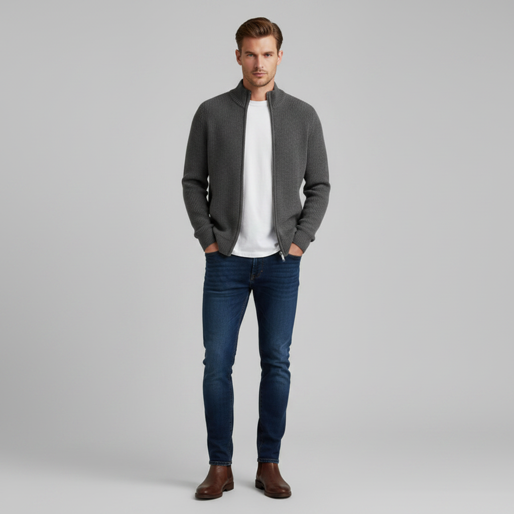 Men's Slim Fit Cardigan | Ribbed Zip-Up Sweater