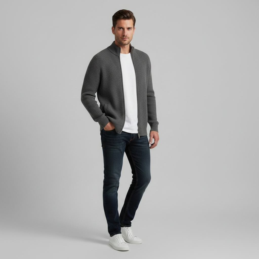 Men's Slim Fit Cardigan | Ribbed Zip-Up Sweater