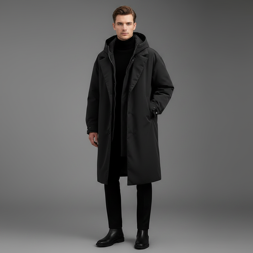 Men's Waterproof Puffer Trench Coat | Long Hooded Jacket