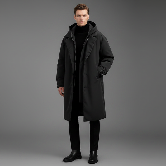 Men's Waterproof Puffer Trench Coat | Long Hooded Jacket