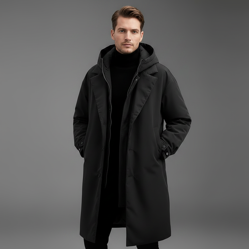 Men's Waterproof Puffer Trench Coat | Long Hooded Jacket