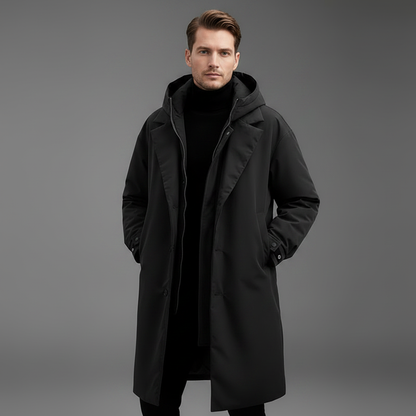 Men's Waterproof Puffer Trench Coat | Long Hooded Jacket