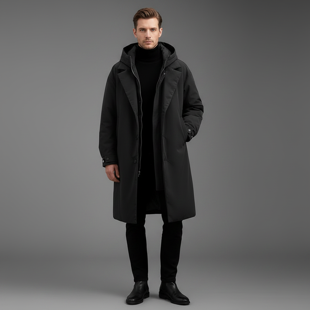 Men's Waterproof Puffer Trench Coat | Long Hooded Jacket