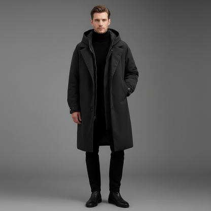 Men's Waterproof Puffer Trench Coat | Long Hooded Jacket