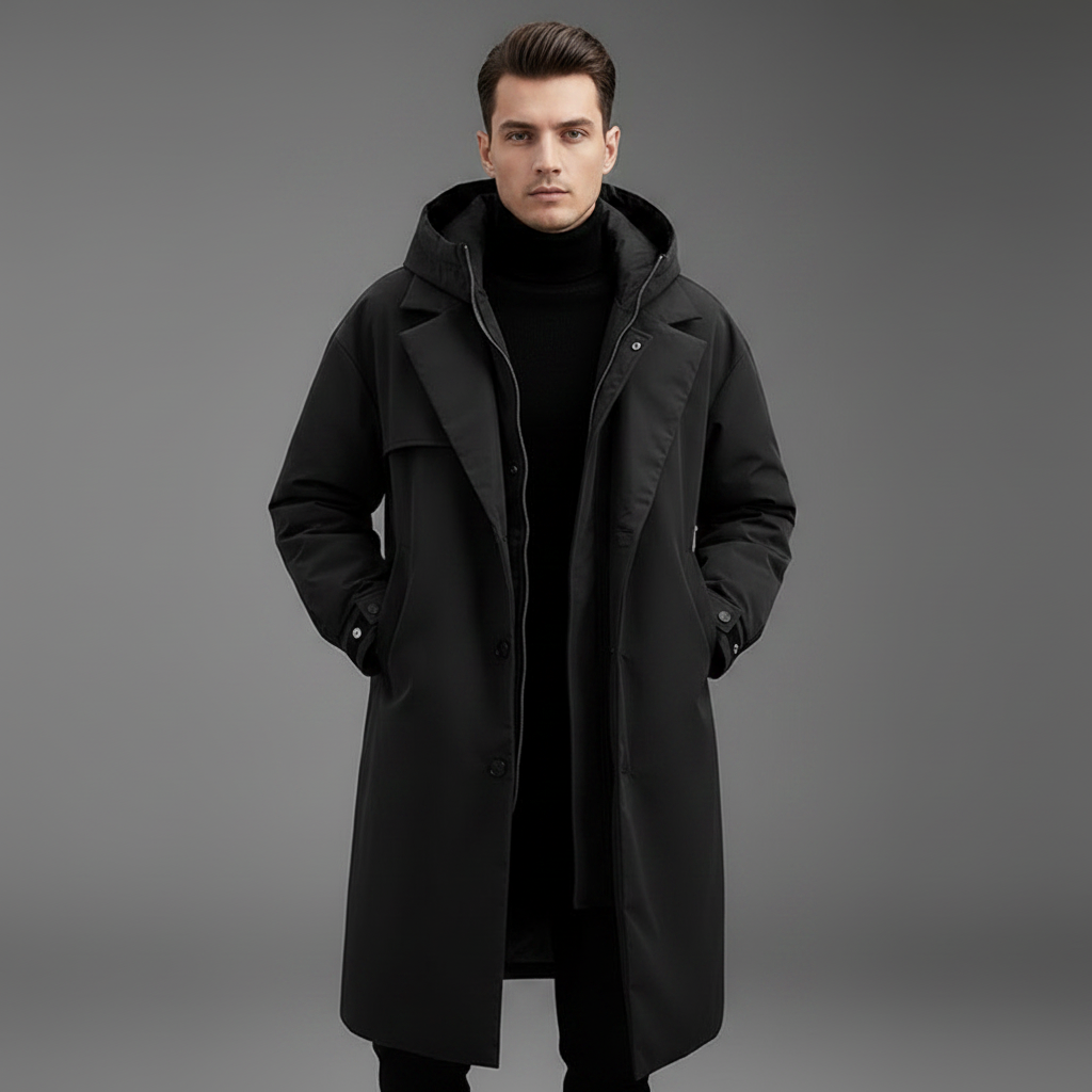Men's Waterproof Puffer Trench Coat | Long Hooded Jacket
