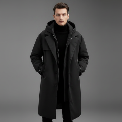 Men's Waterproof Puffer Trench Coat | Long Hooded Jacket