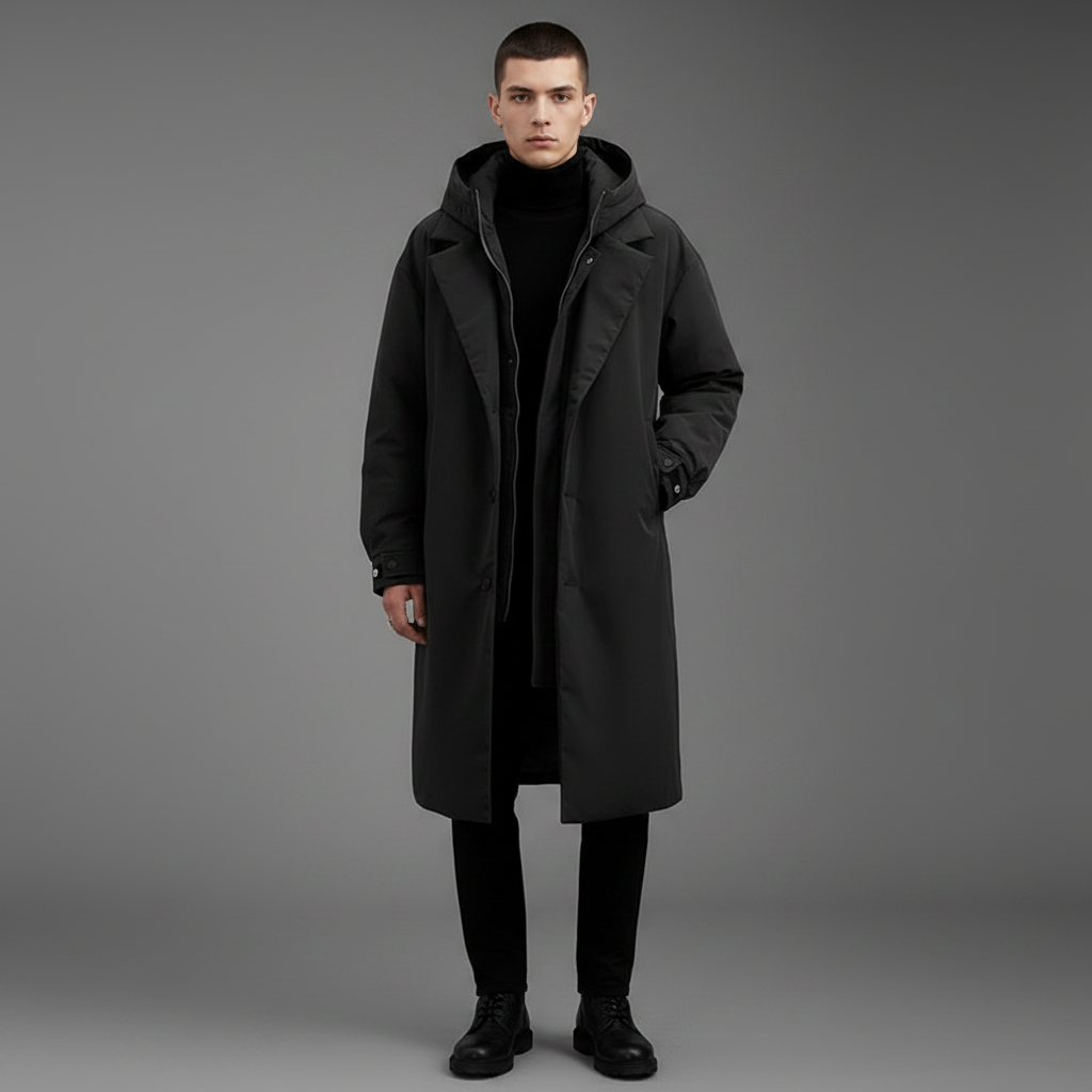 Men's Waterproof Puffer Trench Coat | Long Hooded Jacket